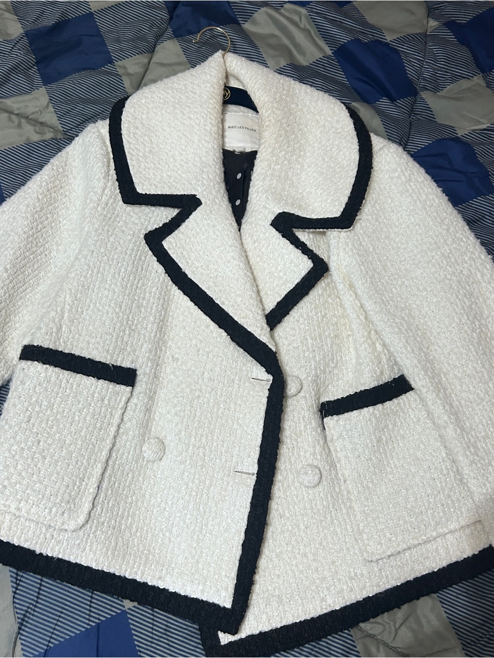 Avec Les Filles from Anthropologie Women's Cream Bouclé Jacket with Black Trim L - Picture 6 of 7